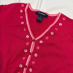 100% Cotton Hot Pink Button Up Cardigan with Dainty Floral Embroidery, Medium